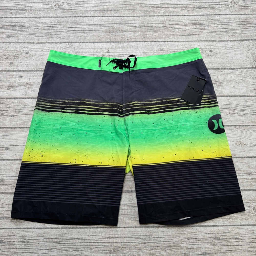 NEW Hurley Board Shorts Men's 38 Green Black Striped Phantom Overspray Trunks